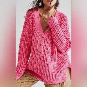 Free People Bright Pink Chunky V-Neck Sweater